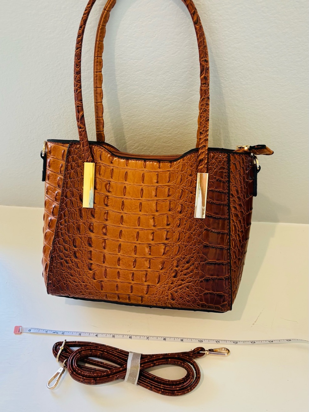 Croc-Embossed Shoulder Tote in Cognac Brown with Gold Accents and strap - Picture 6 of 15